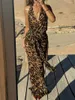 Casual Dresses Women S 2-stycken kjol Set Leopard Print Mesh V-Neck Tie-up Halter Neck Sleeveless Tank Tops Maxi