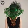 FS Green Organza St Patricks Cap Lady Wide Brim Brim For Women Mesh Bead Feather Flower Wedding mariée Fedora 240401