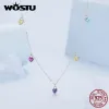 Collane Wostu 925 Sterling Silver Multi Color Love Heart Necklace Women Rainbow Zircon Chain Collace Collana Regalo per la festa di gioielleria