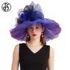 FS Purple Organza Carnival Cap Hats for Women with Mesh Flower Wedding Bride Church St Patricks Fedoras 240401