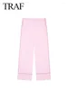 Women's Pants Woman's Fashion Spring Casual Loose Long Pink Mid Waist Pockets Lace-Up Trousers Female Chic Wide Leg