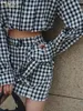 Arbeitskleider Clacive Mode Slim Plaid Print 2 -Stück Sets Frauen Outfit 2024 Elegantes Langarm -Erntehemd mit hohen Taillen -Miniröcken Set