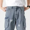 Men's Shorts Wide Denim Ripped Side Pocket Baggy Men 2024 Summer Loose Casual Blue Jeans