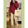 Women's Two Piece Pants Christmas V-neck Fried Dough Twists Sweater Wide Leg Two-piece Set Women Sweet Soft Thick Fashion Solid Loose Strap