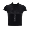 T-shirts de femmes T-shirt gothique isarose pour femmes Sexy Hollow Out Cross Cross Halfleneck Black Slim Soft Velvet Crop d'été à manches courtes