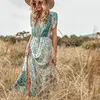 Sıradan Elbiseler Sonbahar Elbise Retro Moda Küçük Floral Fener Uzun Kollu Düğme Yüksek Bel Yeşil