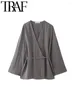 Kvinnors blusar 2024 Spring Kimono Style Casual Shirts Loose Wome Asymmetric V Neck Laced Up Large Sleeve Blouse Kvinnliga toppar Y2K