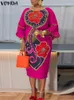 Lässige Kleider Frauen Retro Blumenkleid gedrucktem Midi Sundress Vonda 2024 Vintage Rüschenhülse Patchwork Farbe Herbst Bohemian Loose Robe