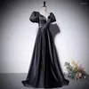 Платья для вечеринок черное платье женская одежда с твердым цветом V-образного вырезок, усыпленного из бухтевых рукавов с бисером, длинная a-line, элегантная вечерняя платья M159