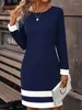 Casual Dresses Kvinnor Fashion Block Dress Autumn and Winter Long Sleeve Round Neck Mini Party 2024 Slim Fit Blue A-Line