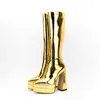 Boots Handmade Arrival 2024 Ladies Plus Size 43 Gold Leather Women Knee High Chunky Platform Evening Party Fashion Winter Shoes