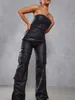 LW Bandeau Black Jumpsuits Faux Leather Sexy Play Pocket Casual Plain Streetwears Pu Sleeveless Long Pants 240409