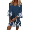 Robes décontractées Retro Floral Print Flare Sleeve Mini Robe 2024 Été Femmes Ruffle Loose Very V Neck Beach Robe Femme