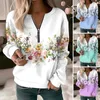 Women's Hoodies Floral Print Sweatshirt V Neck For Women Stylish Zipper Detail Pullover With Long Sleeves Elastic Cuffs