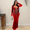 Robes décontractées Femmes Velvet Deep V Diamants Rhinestones Longaise Sirène Bodycon Maxi Robe 2024 Robe de fête d'anniversaire sexy