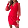 Sıradan Elbiseler 2024 İlkbahar Yaz Kadınlar Düz Renkli Köpük Mesh Fener Uyku İnce Fit V-Neck Elbise