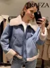 Damenjacken Trafza Leder Lambswool Jacke Frau Fleece Fleece Cropped Long Sleeve Moto Biker Reißverschluss Winter kurzer Mantel