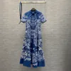 Vestido feminino algodão azul floral estampado lapel pesco