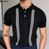 2024 Summer Men Shortleved Polo Blouse Cardigan Vintage Slim STRING Tshirts Top Business Casual Male Camisetas 240417