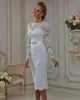 Vintage thee -lengte kanten lange mouwen lange mouwen korte trouwjurken Vestido de noiva schede hoge juweel nek bruidsjurken informeel casual7276064