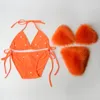 Kvinnors badkläder 2024 Orange löstagbar faux päls Bikinis Set Women Swimsuit Sexig låg midja Thong Bikini Furry Beachwear Bathing Suit