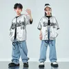 Stage Wear Girls Silver Camiseta de manga corta Pantalones de hip hop Pants de baile de niños Joggadores de baile