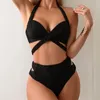 Kvinnors badkläder Ribbed Twist Hollow Out High midja Bikini Svart Sexig halter Bandage Backless Swimsuit Vacation Women Beach Bathing Suit