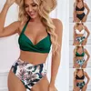 Kvinnors badkläder 2st/Set Women Sexig bikini Set Halter Solid Color Bh Leaf Print High midje Swim Trunks Snabbtorkande baddräkt strandkläder