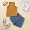 Clothing Sets Kids Girls Summer Clothes Outfits Solid Color Sleeveless Tank Tops And Stretch Casual Denim Shorts Set