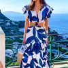 Robes de fête Femmes Imprimez Long Robe une ligne Maxi Elegant Hollow Out Sleeve V Neck Floral plage décontractée Versidos 2024 Vestidos 2024