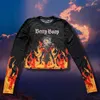 Women's T Shirts Asian Culture Flame Printed Long-Sleeved Top T-shirt Mesh