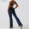 Women's Tracksuits Womens all-in-one sportswear pleated V-back soaked bell bottoms fitness jumpsuit sportswear yoga yq240422