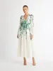 Vestidos casuais Off Designer Runway Holiday Beach Print Floral decote em V Midi de manga comprida para mulheres Vestido