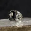 Bands Vintage Turkish Signet Ring for Men Women Antique Silver Color Carved Eagle Ring Inlaid Green Zircon Locomotive Punk Rings