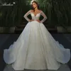 Sheer V-Neck Ball Gown Wedding Dress Full Sleeves Sparkly Beading Appliques Lace princess Bridal Gowns