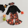 Ensemble de vêtements Baby Girl Fall Tenues de couleur Coule Coucle Rib Tricot à manches longues Rompers Pumpkin Pantalage Pantalon Flare Band 3PCS Halloween Clothes Set