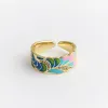 Groupes nouveaux anneaux de fleurs colorés en émail émaillé pour les femmes en cuivre réglable plaqué large bande de doigt de riveaux de fête