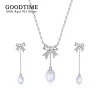 Necklaces Fashion Pure 100% 925 Sterling Silver Jewelry Set Freshwater Pearl Bowknot Necklace & Earring Gift For Bride Wedding