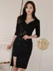 Casual jurken Koreaanse mode dames zwart formeel potlood vrouwen mujer elegant woon-werkverkeer v-neck slanke jurk femme vestido straatkleding