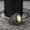 Clothing Vintage Turkish Handmade Silver Color Ring For Men Retro Carved Pattern Black Zircon Stone Ring Women Punk Trendy Muslim Jewelry