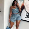 Women's Tracksuits Streetwear Denim Two Piece Sets For Women Birthday Outfit Club Party Button-up Strapless Crop Top And Irregular Shorts