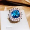 Anelli a grappolo esagerato elegante cuscino zirconia cubica blu 925 anello in argento sterling per donna a colori anniversario di matrimonio femmina