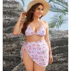 New Fat Po Large Three Piece Bikini Gathering Hanging Neck Digital Printed Swimsuit