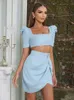 Zomer korte mouw vierkante kraag tweedelig sets damesjurken sexy crop top en mini rokken bodycon runway jurk 240417