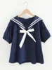 Merry Pretty Summer Women Cotton Top And Blouses Preppy Style Sailor Collar Loose Blue White Navy Blouse School Uniform Tops 240407