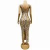 Scenkläder lyxiga guldspeglar strassmask Lång klänning Evening Party Birthday Celebrate Singer Model Catwalk Costume