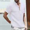 Mäns casual skjortor 2023 Nya herrlinne V-ringning Bandage Högkvalitativ herrfasta färg Långärmad Casual Cotton Linen T-shirt Top S-5XL YQ240422