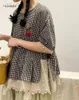 Blouses pour femmes broderie vintage dentelle patchwork Plaid shirt femme été japonais kawaii à manches courtes à manches en coton choux femelle fille mori fille