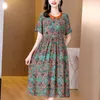 Robes de fête Fashion Floral Silk Doll Collar MIDI Robe Summer Summer Short Manneve Femmes décontractées coréen Vintage Elegant Bodycon Robe