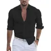 Mens de verão de algodão e linho camisa de lapela praia de manga longa de cor sólida para férias havaianas roupas 240419